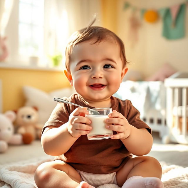 An adorable eight-month-old baby girl sitting happily in a cozy, brightly colored nursery