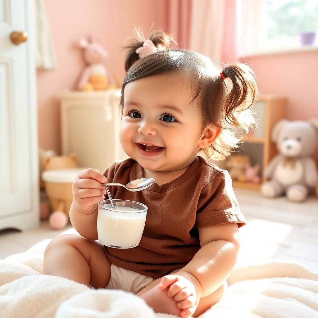 An adorable eight-month-old baby girl sitting happily in a cozy, brightly colored nursery