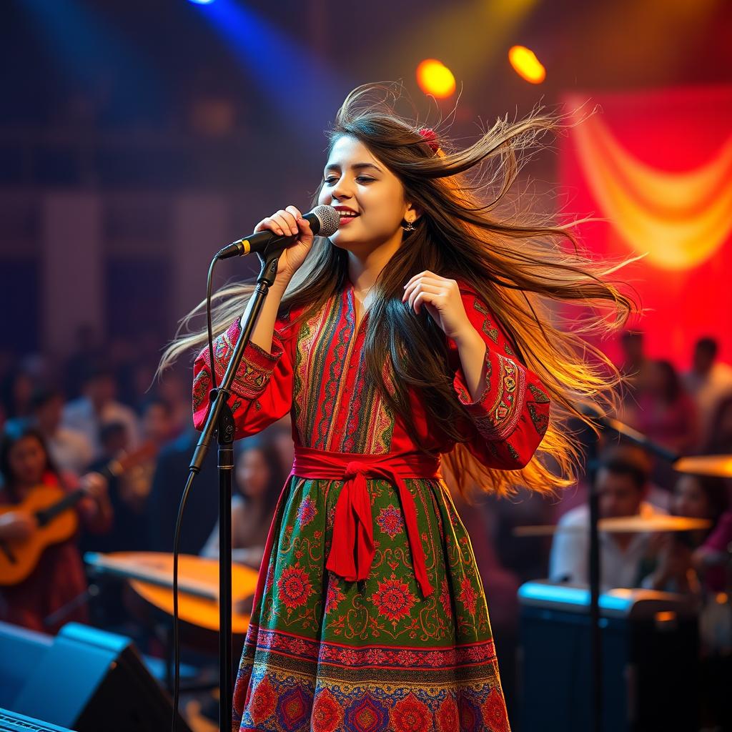 An Iranian girl performing on stage at a concert in Iran, dressed in a beautiful traditional Persian dress adorned with vibrant colors and intricate designs