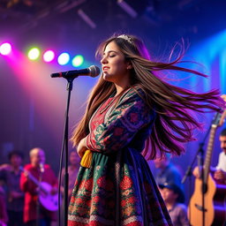 An Iranian girl performing on stage at a concert in Iran, dressed in a beautiful traditional Persian dress adorned with vibrant colors and intricate designs