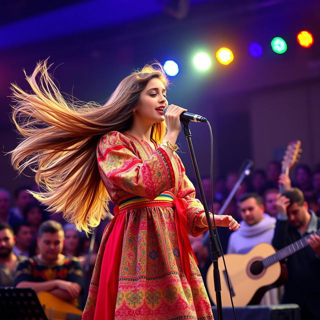 An Iranian girl performing on stage at a concert in Iran, dressed in a beautiful traditional Persian dress adorned with vibrant colors and intricate designs