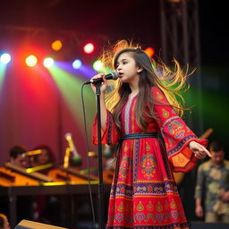 An Iranian girl performing on stage at a concert in Iran, dressed in a beautiful traditional Persian dress adorned with vibrant colors and intricate designs