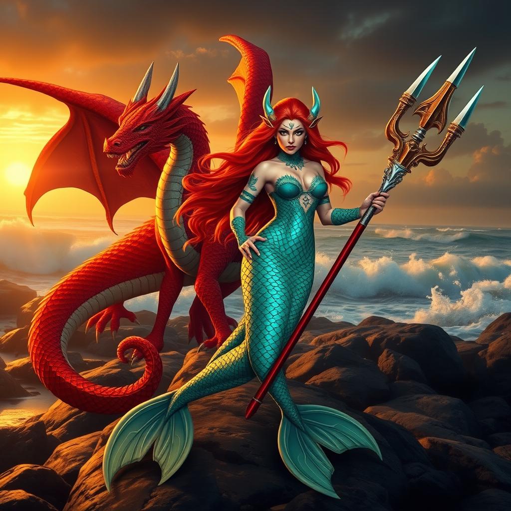 A fierce female merfolk warrior standing confidently on land, showcasing her vibrant scales that glimmer in shades of teal and emerald