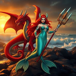 A fierce female merfolk warrior standing confidently on land, showcasing her vibrant scales that glimmer in shades of teal and emerald