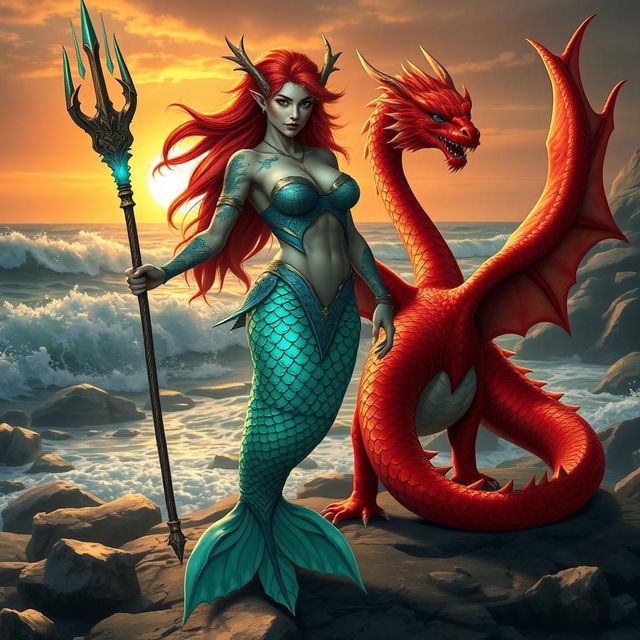 A fierce female merfolk warrior standing confidently on land, showcasing her vibrant scales that glimmer in shades of teal and emerald