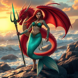 A fierce female merfolk warrior standing confidently on land, showcasing her vibrant scales that glimmer in shades of teal and emerald