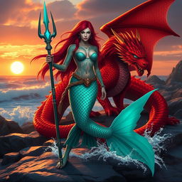 A fierce female merfolk warrior standing confidently on land, showcasing her vibrant scales that glimmer in shades of teal and emerald