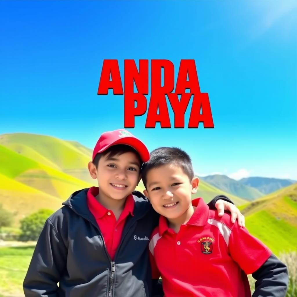Two boys in a vibrant landscape, one wearing a red cap and a red polo shirt, the other dressed in a black jacket