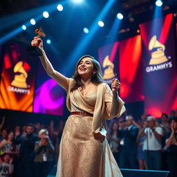 An Iranian girl triumphantly singing on stage at the Grammy Awards, dressed in an elegant and stylish outfit