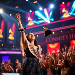 An Iranian girl triumphantly singing on stage at the Grammy Awards, dressed in an elegant and stylish outfit
