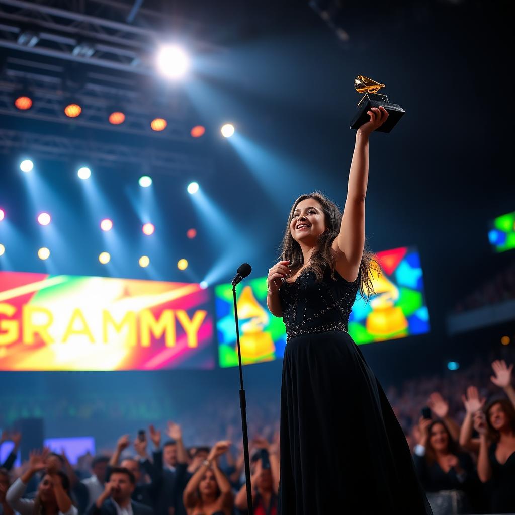 An Iranian girl triumphantly singing on stage at the Grammy Awards, dressed in an elegant and stylish outfit