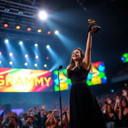 An Iranian girl triumphantly singing on stage at the Grammy Awards, dressed in an elegant and stylish outfit