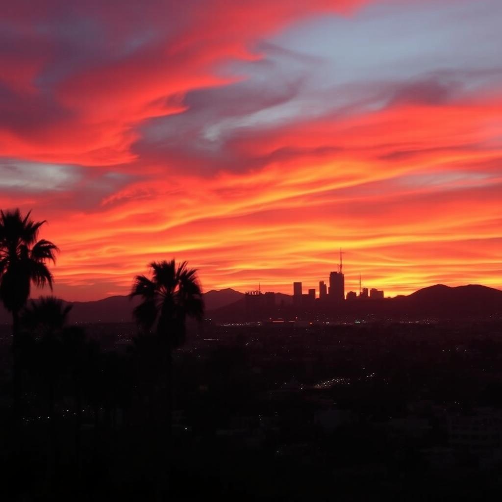A dramatic view of a fiery sunset over Los Angeles, with the silhouette of the iconic skyline including the Hollywood sign visible against the vibrant orange and red sky
