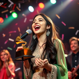 A joyous Iranian girl celebrating her victory at a Grammy awards ceremony, singing passionately on stage with her music group