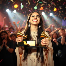 A joyous Iranian girl celebrating her victory at a Grammy awards ceremony, singing passionately on stage with her music group
