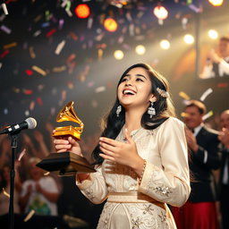 A joyous Iranian girl celebrating her victory at a Grammy awards ceremony, singing passionately on stage with her music group