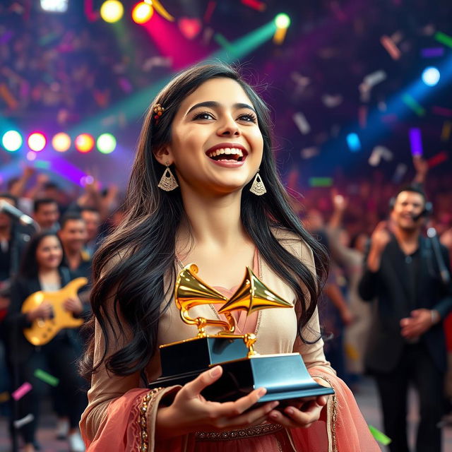 A joyous Iranian girl celebrating her victory at a Grammy awards ceremony, singing passionately on stage with her music group