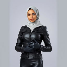 A beautiful hijab-wearing woman dressed in a very tight, shiny black leather jacket, black leather gloves, and leggings