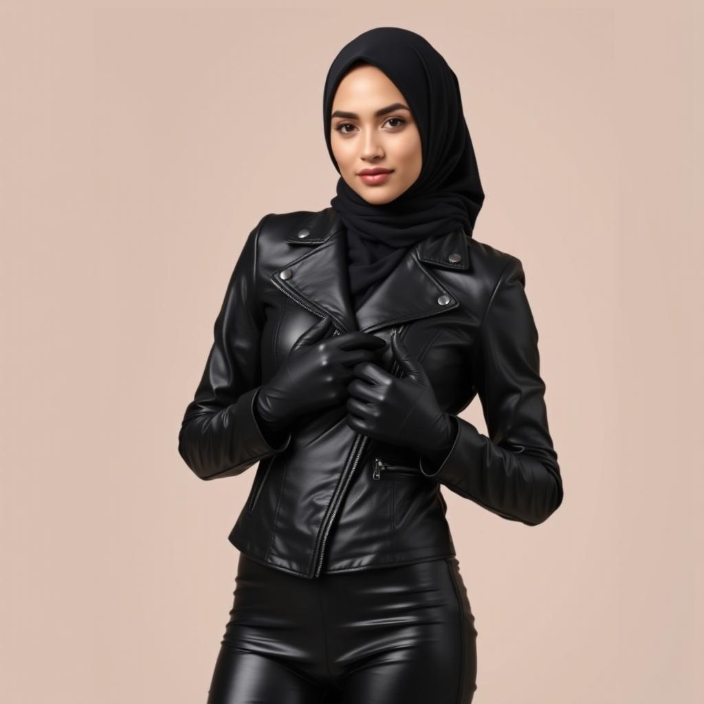 A beautiful hijab-wearing woman dressed in a very tight, shiny black leather jacket, black leather gloves, and leggings