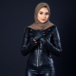 A beautiful hijab-wearing woman dressed in a very tight, shiny black leather jacket, black leather gloves, and leggings