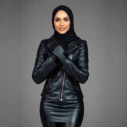 A beautiful hijab-wearing woman dressed in a very tight, shiny black leather jacket, black leather gloves, and leggings