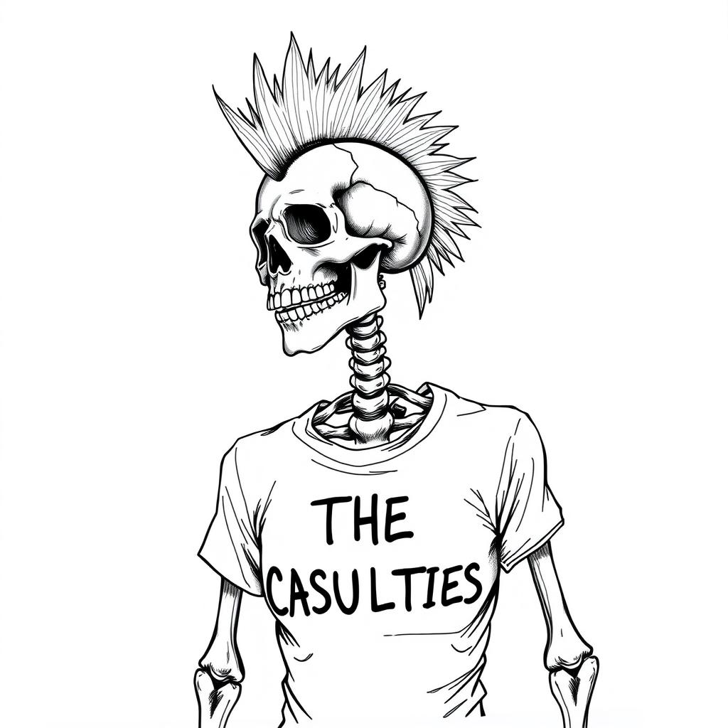 A realistic black and white drawing sketch of a mohawked skeleton wearing a t-shirt that says "THE CASUALTIES"