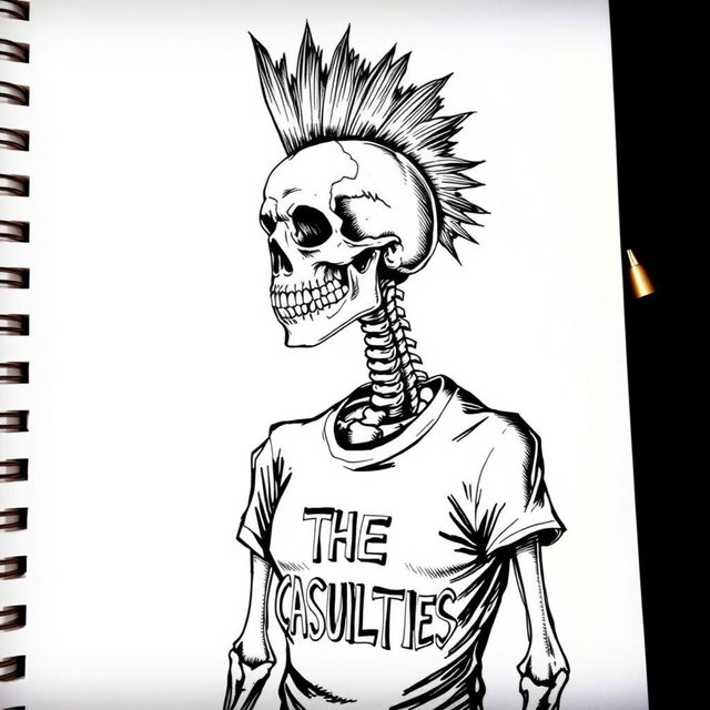 A realistic black and white drawing sketch of a mohawked skeleton wearing a t-shirt that says "THE CASUALTIES"