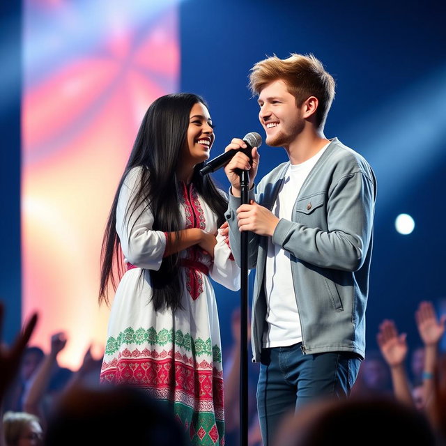 An Iranian girl singing a duet with Niall Horan on stage, both showing joyful expressions