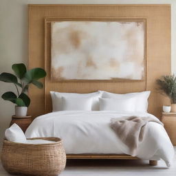 An elegant bedroom with a beautiful Venetian plaster wall, a white linen bed with rattan features, and a prominent large artwork adding a touch of sophistication.