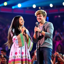 An Iranian girl singing a duet with Niall Horan on stage, both showing joyful expressions