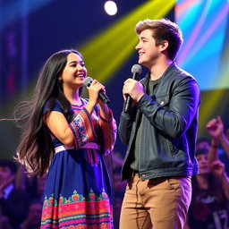 An Iranian girl singing a duet with Niall Horan on stage, both showing joyful expressions