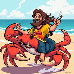 A pixel-art style illustration depicting Jesus riding a giant crab