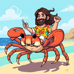 A pixel-art style illustration depicting Jesus riding a giant crab