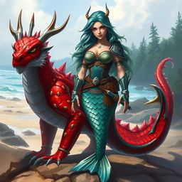 A fierce female merfolk warrior, showcasing powerful features and intricate scale patterns, stands confidently on land, dressed in a beautifully designed, battle-ready outfit blending aquatic elements and armor