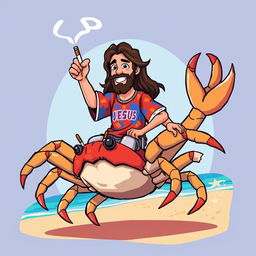 A pixel-art style illustration depicting Jesus riding a giant crab