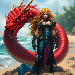 A fierce female merfolk warrior, showcasing powerful features and intricate scale patterns, stands confidently on land, dressed in a beautifully designed, battle-ready outfit blending aquatic elements and armor