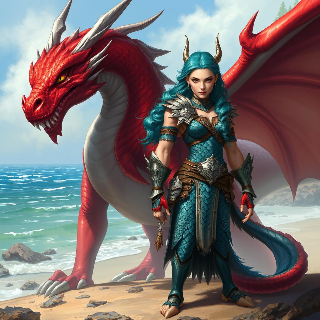 A fierce female merfolk warrior, showcasing powerful features and intricate scale patterns, stands confidently on land, dressed in a beautifully designed, battle-ready outfit blending aquatic elements and armor
