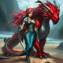A fierce female merfolk warrior, showcasing powerful features and intricate scale patterns, stands confidently on land, dressed in a beautifully designed, battle-ready outfit blending aquatic elements and armor