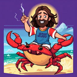 A pixel-art style illustration depicting Jesus riding a giant crab
