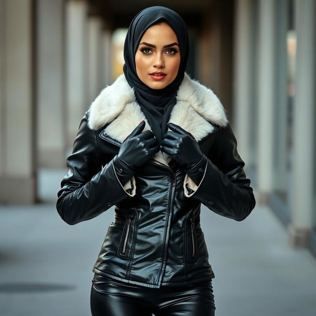 A beautiful hijab-wearing woman, dressed in a shiny black, very tight leather jacket with a white fur collar, wearing leather gloves and tights