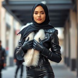 A beautiful hijab-wearing woman, dressed in a shiny black, very tight leather jacket with a white fur collar, wearing leather gloves and tights