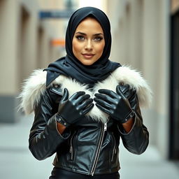 A beautiful hijab-wearing woman, dressed in a shiny black, very tight leather jacket with a white fur collar, wearing leather gloves and tights