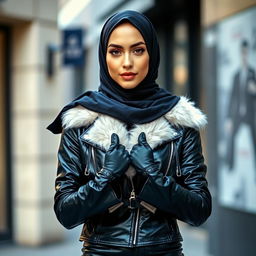 A beautiful hijab-wearing woman, dressed in a shiny black, very tight leather jacket with a white fur collar, wearing leather gloves and tights