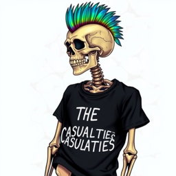 A detailed and vibrant drawing of a mohawked skeleton wearing a black t-shirt with the words 'THE CASUALTIES' printed in bold white letters