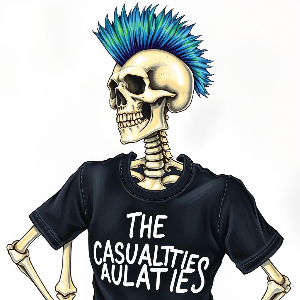 A detailed and vibrant drawing of a mohawked skeleton wearing a black t-shirt with the words 'THE CASUALTIES' printed in bold white letters