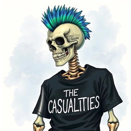 A detailed and vibrant drawing of a mohawked skeleton wearing a black t-shirt with the words 'THE CASUALTIES' printed in bold white letters