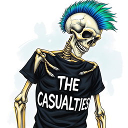 A detailed and vibrant drawing of a mohawked skeleton wearing a black t-shirt with the words 'THE CASUALTIES' printed in bold white letters