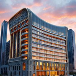 A highly detailed rendering of a 20-story building, 80 meters tall, combining two architectural styles: Iranian and modern bionic, with a twisted, curved shape