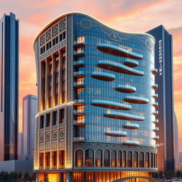 A highly detailed rendering of a 20-story building, 80 meters tall, combining two architectural styles: Iranian and modern bionic, with a twisted, curved shape