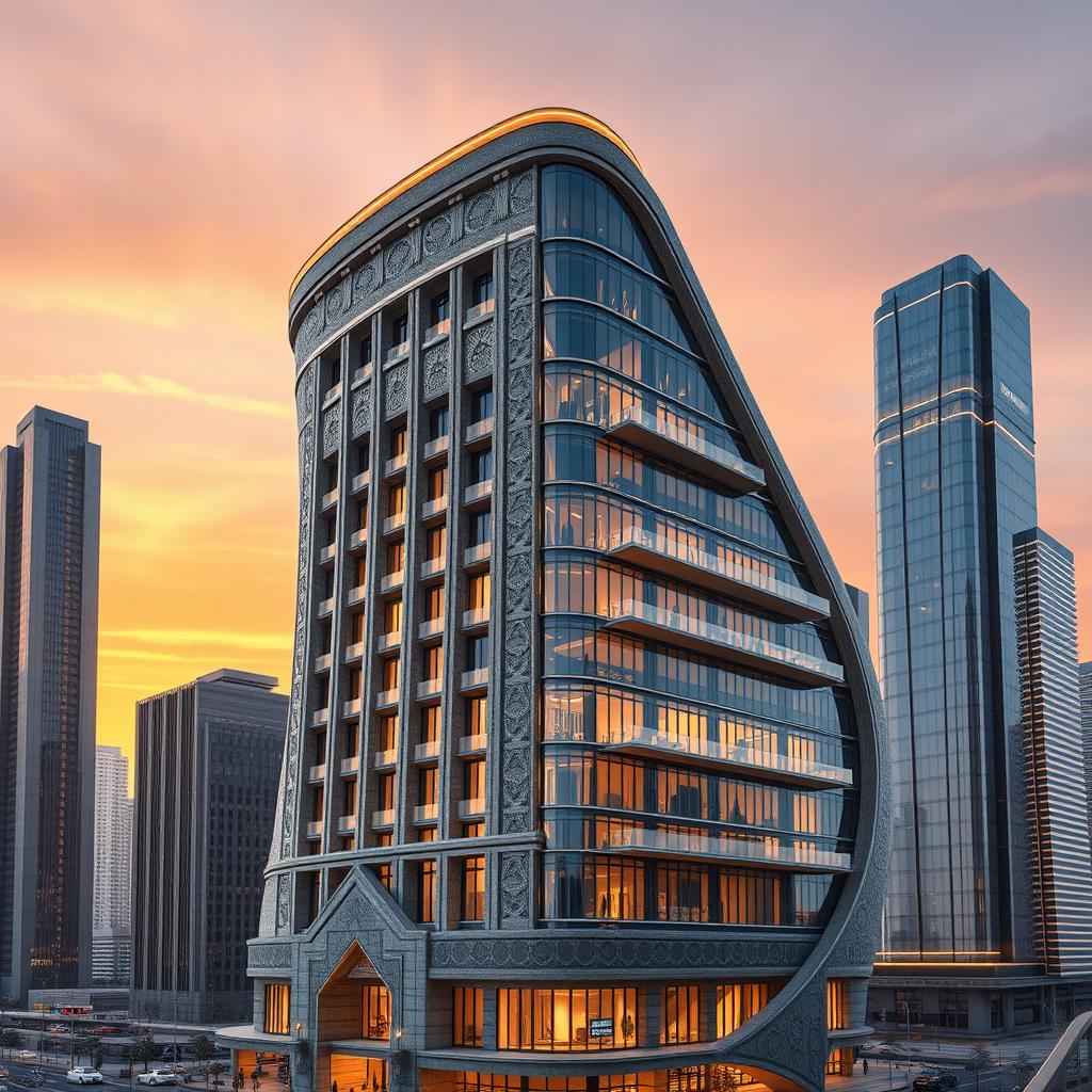 A highly detailed rendering of a 20-story building, 80 meters tall, combining two architectural styles: Iranian and modern bionic, with a twisted, curved shape